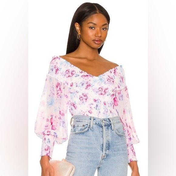 BB Dakota Tops - BB Dakota Off the Shoulder Top Large Smocked Blouson Sleeve Floral Boho Spring